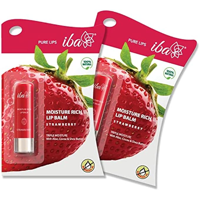 Iba PURE LIPS MOISTURE RICH LIP BALM - STRAWBERRY, 4.5 G (PACK OF 2) | FOR PIGMENTED, DRY DAMAGED & CHAPPED LIPS | ENRICHED WITH COCOA BUTTER, SHEA BUTTER L GLOSSY FINISH| 100% NATURAL | HALAL - Image 1